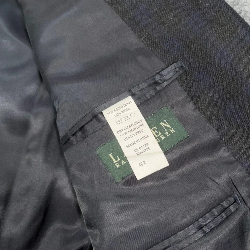 LRL Ralph Lauren Plaid Sport Coat Mens 48R Elbow‎ Patches Wool Blazer Grey Navy